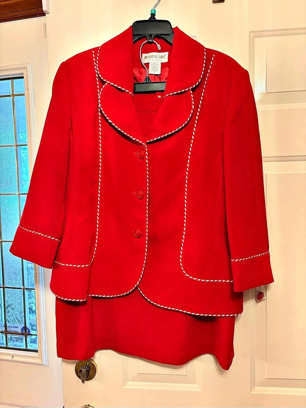 Brownstone Studio Skirt Suit Red with White Piping- Size 18